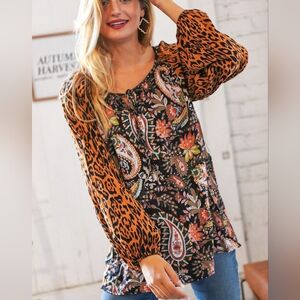 Boho Haptics Black Rust Paisley Leopard Front Tie Top